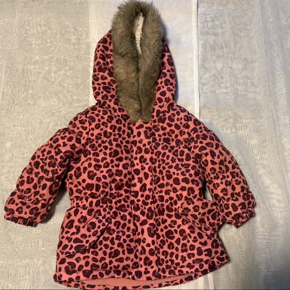 Jumping Beans Pink Leopard Raincoat with Faux Fur Hood